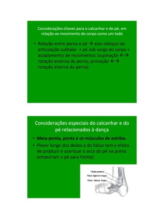 21/1/2011




  Considerações chaves para o calcanhar e do pé, em
    relação ao movimento do corpo como um todo

• Relação entre perna e pé  eixo oblíquo da
  articulação subtalar + pé sob carga do corpo =
  acoplamento de movimentos (supinação 
  rotação externa da perna; pronação 
  rotação interna da perna)




 Considerações especiais do calcanhar e do
         pé relacionados à dança
• Meia-ponta, ponta e os músculos de estribo.
• Flexor longo dos dedos e do hálux tem o efeito
  de produzir e acentuar o arco do pé na ponta
  (empurram o pé para frente)




                                                            97
 