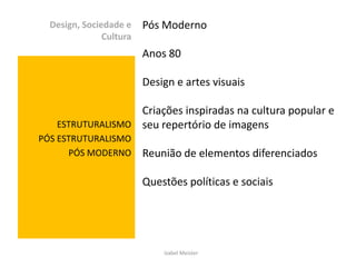 Design, Sociedade e CulturaESTRUTURALISMOPÓS ESTRUTURALISMOPÓS MODERNOPós ModernoAnos 80Design e artes visuaisCriações inspiradas na cultura popular e seu repertório de imagensReunião de elementos diferenciadosQuestões políticas e sociaisIzabel Meister