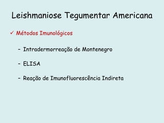 Leishmaniose Tegumentar Americana
 Métodos Imunológicos
– Intradermorreação de Montenegro
– ELISA
– Reação de Imunofluorescência Indireta
 