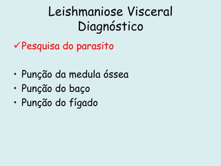 Leishmaniose Visceral
Diagnóstico
Pesquisa do parasito
• Punção da medula óssea
• Punção do baço
• Punção do fígado
 