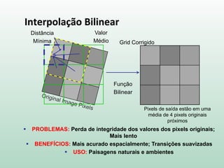Interpolação Bilinear
Grid Corrigido
Distância
Mínima
 PROBLEMAS: Perda de integridade dos valores dos pixels originais;
Mais lento
 BENEFÍCIOS: Mais acurado espacialmente; Transições suavizadas
 USO: Paisagens naturais e ambientes
Valor
Médio
Pixels de saída estão em uma
média de 4 pixels originais
próximos
Função
Bilinear
 