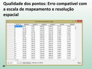 46
 O erro é Calculado em Pixel;
 Em áreas urbanas pode-se considerar um erro de 0.5
"pixel", para uma resolução de 30 metros. Em áreas de
florestas, pode-se aceitar um erro de 3 "pixels", para a
mesma resolução, pela dificuldade de se conseguirem
pontos de controle.
 Para um mapeamento na escala de 1:50.000, o erro
aceitável no registro é metade do valor da escala, isto é
25 metros. Assim um erro de dois pixels, para resolução
de 10 metros, isto é, 20 metros, seria aceitável para esta
escala de trabalho.
Qualidade dos pontos: Erro compatível com
a escala de mapeamento e resolução
espacial
 