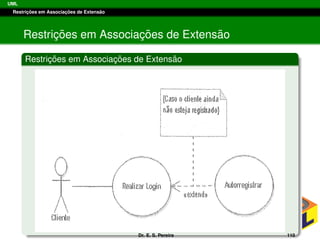UML
Restric¸ ˜oes em Associac¸ ˜oes de Extens˜ao
Restric¸ ˜oes em Associac¸ ˜oes de Extens˜ao
Restric¸ ˜oes em Associac¸ ˜oes de Extens˜ao
Dr. E. S. Pereira 110
 