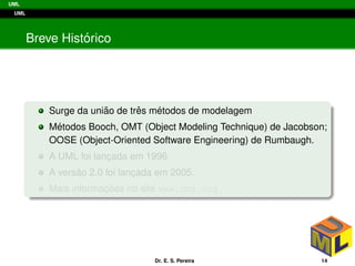 UML
UML
Breve Hist´orico
Surge da uni˜ao de trˆes m´etodos de modelagem
M´etodos Booch, OMT (Object Modeling Technique) de Jacobson;
OOSE (Object-Oriented Software Engineering) de Rumbaugh.
A UML foi lanc¸ada em 1996
A vers˜ao 2.0 foi lanc¸ada em 2005.
Mais informac¸ ˜oes no site www.omg.org
Dr. E. S. Pereira 14
 