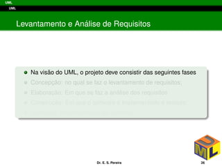 UML
UML
Levantamento e An´alise de Requisitos
Na vis˜ao do UML, o projeto deve consistir das seguintes fases
Concepc¸ ˜ao: no qual se faz o levantamento de requisitos;
Elaborac¸ ˜ao: Em que se faz a an´alise dos requisitos
Construc¸ ˜ao: Em que o software ´e implementado e testado;
Transic¸ ˜ao: implementac¸ ˜ao do software
Dr. E. S. Pereira 26
 