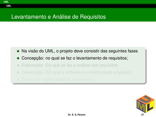 UML
UML
Levantamento e An´alise de Requisitos
Na vis˜ao do UML, o projeto deve consistir das seguintes fases
Concepc¸ ˜ao: no qual se faz o levantamento de requisitos;
Elaborac¸ ˜ao: Em que se faz a an´alise dos requisitos
Construc¸ ˜ao: Em que o software ´e implementado e testado;
Transic¸ ˜ao: implementac¸ ˜ao do software
Dr. E. S. Pereira 27
 