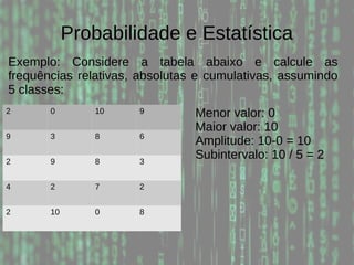 Probabilidade e Estatística
Exemplo: Considere a tabela abaixo e calcule as
frequências relativas, absolutas e cumulativas, assumindo
5 classes:
2 0 10 9
9 3 8 6
2 9 8 3
4 2 7 2
2 10 0 8
Menor valor: 0
Maior valor: 10
Amplitude: 10-0 = 10
Subintervalo: 10 / 5 = 2
 