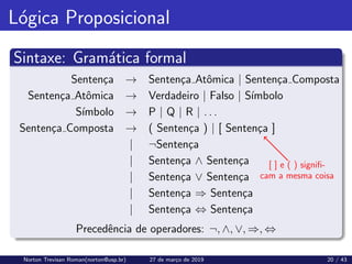 Lógica Proposicional
Sintaxe: Gramática formal
[ ] e ( ) signifi-
cam a mesma coisa
Sentença → Sentença Atômica | Sentença Composta
Sentença Atômica → Verdadeiro | Falso | Sı́mbolo
Sı́mbolo → P | Q | R | . . .
Sentença Composta → ( Sentença ) | [ Sentença ]
| ¬Sentença
| Sentença ∧ Sentença
| Sentença ∨ Sentença
| Sentença ⇒ Sentença
| Sentença ⇔ Sentença
Precedência de operadores: ¬, ∧, ∨, ⇒, ⇔
Norton Trevisan Roman(norton@usp.br) 27 de março de 2019 20 / 43
 
