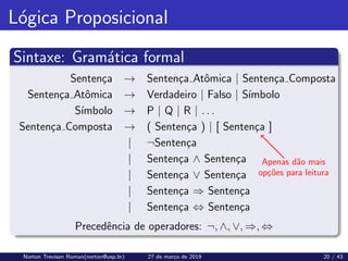 Lógica Proposicional
Sintaxe: Gramática formal
Apenas dão mais
opções para leitura
Sentença → Sentença Atômica | Sentença Composta
Sentença Atômica → Verdadeiro | Falso | Sı́mbolo
Sı́mbolo → P | Q | R | . . .
Sentença Composta → ( Sentença ) | [ Sentença ]
| ¬Sentença
| Sentença ∧ Sentença
| Sentença ∨ Sentença
| Sentença ⇒ Sentença
| Sentença ⇔ Sentença
Precedência de operadores: ¬, ∧, ∨, ⇒, ⇔
Norton Trevisan Roman(norton@usp.br) 27 de março de 2019 20 / 43
 