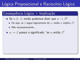 Lógica Proposicional e Raciocı́nio Lógico
Consequência Lógica × Implicação
Se α |= β, então podemos dizer que α → β?
Ou seja, se β segue logicamente de α, então α implica β?
Não necessariamente...
α → β possui o significado “se α então β”
Norton Trevisan Roman(norton@usp.br) 27 de março de 2019 27 / 43
 