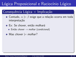 Lógica Proposicional e Raciocı́nio Lógico
Consequência Lógica × Implicação
Contudo, α |= β exige que a relação ocorra em toda
interpretação
Ex: Se chover, então molhará
Então chover → molhar (condicional)
Mas chover |= molhar?
Norton Trevisan Roman(norton@usp.br) 27 de março de 2019 28 / 43
 