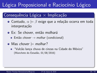 Lógica Proposicional e Raciocı́nio Lógico
Consequência Lógica × Implicação
Contudo, α |= β exige que a relação ocorra em toda
interpretação
Ex: Se chover, então molhará
Então chover → molhar (condicional)
Mas chover |= molhar?
“Vulcão lança chuva de cinzas na Cidade do México”
(Manchete do Estadão, 01/08/2016)
Norton Trevisan Roman(norton@usp.br) 27 de março de 2019 28 / 43
 