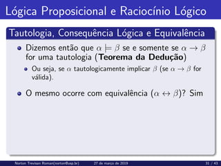 Lógica Proposicional e Raciocı́nio Lógico
Tautologia, Consequência Lógica e Equivalência
Dizemos então que α |= β se e somente se α → β
for uma tautologia (Teorema da Dedução)
Ou seja, se α tautologicamente implicar β (se α → β for
válida).
O mesmo ocorre com equivalência (α ↔ β)? Sim
Norton Trevisan Roman(norton@usp.br) 27 de março de 2019 31 / 43
 