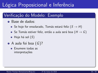 Lógica Proposicional e Inferência
Verificação do Modelo: Exemplo
Base de dados:
Se hoje for ensolarado, Tomás estará feliz (S → H)
Se Tomás estiver feliz, então a aula será boa (H → G)
Hoje há sol (S)
A aula foi boa (G)?
Enumere todas as
interpretações
Norton Trevisan Roman(norton@usp.br) 27 de março de 2019 38 / 43
 