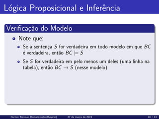 Lógica Proposicional e Inferência
Verificação do Modelo
Note que:
Se a sentença S for verdadeira em todo modelo em que BC
é verdadeira, então BC |= S
Se S for verdadeira em pelo menos um deles (uma linha na
tabela), então BC → S (nesse modelo)
Norton Trevisan Roman(norton@usp.br) 27 de março de 2019 40 / 43
 