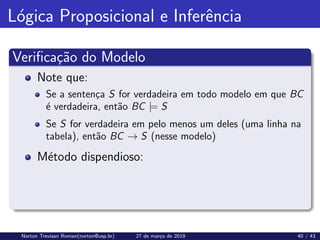 Lógica Proposicional e Inferência
Verificação do Modelo
Note que:
Se a sentença S for verdadeira em todo modelo em que BC
é verdadeira, então BC |= S
Se S for verdadeira em pelo menos um deles (uma linha na
tabela), então BC → S (nesse modelo)
Método dispendioso:
Norton Trevisan Roman(norton@usp.br) 27 de março de 2019 40 / 43
 