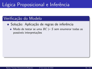 Lógica Proposicional e Inferência
Verificação do Modelo
Solução: Aplicação de regras de inferência
Modo de testar se uma BC |= S sem enumerar todas as
possı́veis interpretações
Norton Trevisan Roman(norton@usp.br) 27 de março de 2019 41 / 43
 