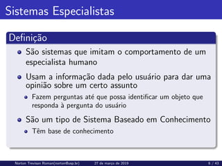 Sistemas Especialistas
Definição
São sistemas que imitam o comportamento de um
especialista humano
Usam a informação dada pelo usuário para dar uma
opinião sobre um certo assunto
Fazem perguntas até que possa identificar um objeto que
responda à pergunta do usuário
São um tipo de Sistema Baseado em Conhecimento
Têm base de conhecimento
Norton Trevisan Roman(norton@usp.br) 27 de março de 2019 6 / 43
 