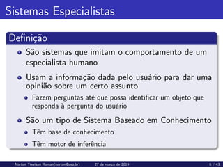 Sistemas Especialistas
Definição
São sistemas que imitam o comportamento de um
especialista humano
Usam a informação dada pelo usuário para dar uma
opinião sobre um certo assunto
Fazem perguntas até que possa identificar um objeto que
responda à pergunta do usuário
São um tipo de Sistema Baseado em Conhecimento
Têm base de conhecimento
Têm motor de inferência
Norton Trevisan Roman(norton@usp.br) 27 de março de 2019 6 / 43
 