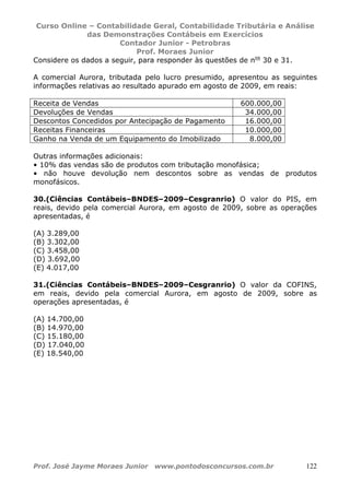 Curso Online – Contabilidade Geral, Contabilidade Tributária e Análise
das Demonstrações Contábeis em Exercícios
Contador Junior - Petrobras
Prof. Moraes Junior
Prof. José Jayme Moraes Junior www.pontodosconcursos.com.br 122
Considere os dados a seguir, para responder às questões de nos
30 e 31.
A comercial Aurora, tributada pelo lucro presumido, apresentou as seguintes
informações relativas ao resultado apurado em agosto de 2009, em reais:
Receita de Vendas 600.000,00
Devoluções de Vendas 34.000,00
Descontos Concedidos por Antecipação de Pagamento 16.000,00
Receitas Financeiras 10.000,00
Ganho na Venda de um Equipamento do Imobilizado 8.000,00
Outras informações adicionais:
• 10% das vendas são de produtos com tributação monofásica;
• não houve devolução nem descontos sobre as vendas de produtos
monofásicos.
30.(Ciências Contábeis–BNDES–2009–Cesgranrio) O valor do PIS, em
reais, devido pela comercial Aurora, em agosto de 2009, sobre as operações
apresentadas, é
(A) 3.289,00
(B) 3.302,00
(C) 3.458,00
(D) 3.692,00
(E) 4.017,00
31.(Ciências Contábeis–BNDES–2009–Cesgranrio) O valor da COFINS,
em reais, devido pela comercial Aurora, em agosto de 2009, sobre as
operações apresentadas, é
(A) 14.700,00
(B) 14.970,00
(C) 15.180,00
(D) 17.040,00
(E) 18.540,00
 