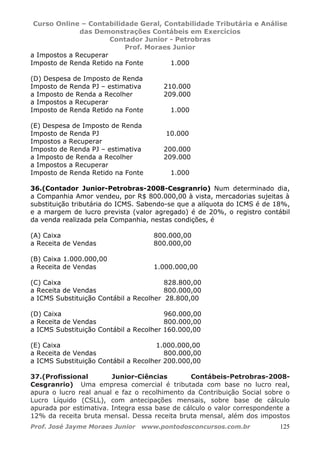 Curso Online – Contabilidade Geral, Contabilidade Tributária e Análise
das Demonstrações Contábeis em Exercícios
Contador Junior - Petrobras
Prof. Moraes Junior
Prof. José Jayme Moraes Junior www.pontodosconcursos.com.br 125
a Impostos a Recuperar
Imposto de Renda Retido na Fonte 1.000
(D) Despesa de Imposto de Renda
Imposto de Renda PJ – estimativa 210.000
a Imposto de Renda a Recolher 209.000
a Impostos a Recuperar
Imposto de Renda Retido na Fonte 1.000
(E) Despesa de Imposto de Renda
Imposto de Renda PJ 10.000
Impostos a Recuperar
Imposto de Renda PJ – estimativa 200.000
a Imposto de Renda a Recolher 209.000
a Impostos a Recuperar
Imposto de Renda Retido na Fonte 1.000
36.(Contador Junior-Petrobras-2008-Cesgranrio) Num determinado dia,
a Companhia Amor vendeu, por R$ 800.000,00 à vista, mercadorias sujeitas à
substituição tributária do ICMS. Sabendo-se que a alíquota do ICMS é de 18%,
e a margem de lucro prevista (valor agregado) é de 20%, o registro contábil
da venda realizada pela Companhia, nestas condições, é
(A) Caixa 800.000,00
a Receita de Vendas 800.000,00
(B) Caixa 1.000.000,00
a Receita de Vendas 1.000.000,00
(C) Caixa 828.800,00
a Receita de Vendas 800.000,00
a ICMS Substituição Contábil a Recolher 28.800,00
(D) Caixa 960.000,00
a Receita de Vendas 800.000,00
a ICMS Substituição Contábil a Recolher 160.000,00
(E) Caixa 1.000.000,00
a Receita de Vendas 800.000,00
a ICMS Substituição Contábil a Recolher 200.000,00
37.(Profissional Junior-Ciências Contábeis-Petrobras-2008-
Cesgranrio) Uma empresa comercial é tributada com base no lucro real,
apura o lucro real anual e faz o recolhimento da Contribuição Social sobre o
Lucro Líquido (CSLL), com antecipações mensais, sobre base de cálculo
apurada por estimativa. Integra essa base de cálculo o valor correspondente a
12% da receita bruta mensal. Dessa receita bruta mensal, além dos impostos
 