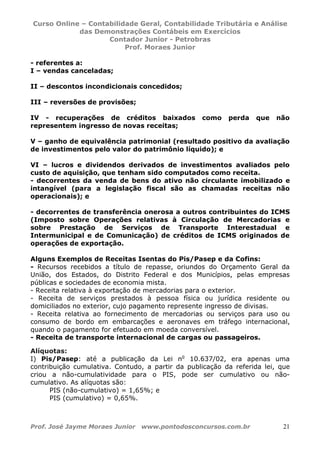 Curso Online – Contabilidade Geral, Contabilidade Tributária e Análise
das Demonstrações Contábeis em Exercícios
Contador Junior - Petrobras
Prof. Moraes Junior
Prof. José Jayme Moraes Junior www.pontodosconcursos.com.br 21
- referentes a:
I – vendas canceladas;
II – descontos incondicionais concedidos;
III – reversões de provisões;
IV - recuperações de créditos baixados como perda que não
representem ingresso de novas receitas;
V – ganho de equivalência patrimonial (resultado positivo da avaliação
de investimentos pelo valor do patrimônio líquido); e
VI – lucros e dividendos derivados de investimentos avaliados pelo
custo de aquisição, que tenham sido computados como receita.
- decorrentes da venda de bens do ativo não circulante imobilizado e
intangível (para a legislação fiscal são as chamadas receitas não
operacionais); e
- decorrentes de transferência onerosa a outros contribuintes do ICMS
(Imposto sobre Operações relativas à Circulação de Mercadorias e
sobre Prestação de Serviços de Transporte Interestadual e
Intermunicipal e de Comunicação) de créditos de ICMS originados de
operações de exportação.
Alguns Exemplos de Receitas Isentas do Pis/Pasep e da Cofins:
- Recursos recebidos a título de repasse, oriundos do Orçamento Geral da
União, dos Estados, do Distrito Federal e dos Municípios, pelas empresas
públicas e sociedades de economia mista.
- Receita relativa à exportação de mercadorias para o exterior.
- Receita de serviços prestados à pessoa física ou jurídica residente ou
domiciliados no exterior, cujo pagamento represente ingresso de divisas.
- Receita relativa ao fornecimento de mercadorias ou serviços para uso ou
consumo de bordo em embarcações e aeronaves em tráfego internacional,
quando o pagamento for efetuado em moeda conversível.
- Receita de transporte internacional de cargas ou passageiros.
Alíquotas:
I) Pis/Pasep: até a publicação da Lei no
10.637/02, era apenas uma
contribuição cumulativa. Contudo, a partir da publicação da referida lei, que
criou a não-cumulatividade para o PIS, pode ser cumulativo ou não-
cumulativo. As alíquotas são:
PIS (não-cumulativo) = 1,65%; e
PIS (cumulativo) = 0,65%.
 