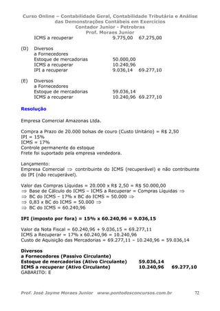 Curso Online – Contabilidade Geral, Contabilidade Tributária e Análise
das Demonstrações Contábeis em Exercícios
Contador Junior - Petrobras
Prof. Moraes Junior
Prof. José Jayme Moraes Junior www.pontodosconcursos.com.br 72
ICMS a recuperar 9.775,00 67.275,00
(D) Diversos
a Fornecedores
Estoque de mercadorias 50.000,00
ICMS a recuperar 10.240,96
IPI a recuperar 9.036,14 69.277,10
(E) Diversos
a Fornecedores
Estoque de mercadorias 59.036,14
ICMS a recuperar 10.240,96 69.277,10
Resolução
Empresa Comercial Amazonas Ltda.
Compra a Prazo de 20.000 bolsas de couro (Custo Unitário) = R$ 2,50
IPI = 15%
ICMS = 17%
Controle permanente do estoque
Frete foi suportado pela empresa vendedora.
Lançamento:
Empresa Comercial ⇒ contribuinte do ICMS (recuperável) e não contribuinte
do IPI (não recuperável).
Valor das Compras Líquidas = 20.000 x R$ 2,50 = R$ 50.000,00
⇒ Base de Cálculo do ICMS – ICMS a Recuperar = Compras Líquidas ⇒
⇒ BC do ICMS – 17% x BC do ICMS = 50.000 ⇒
⇒ 0,83 x BC do ICMS = 50.000 ⇒
⇒ BC do ICMS = 60.240,96
IPI (imposto por fora) = 15% x 60.240,96 = 9.036,15
Valor da Nota Fiscal = 60.240,96 + 9.036,15 = 69.277,11
ICMS a Recuperar = 17% x 60.240,96 = 10.240,96
Custo de Aquisição das Mercadorias = 69.277,11 – 10.240,96 = 59.036,14
Diversos
a Fornecedores (Passivo Circulante)
Estoque de mercadorias (Ativo Circulante) 59.036,14
ICMS a recuperar (Ativo Circulante) 10.240,96 69.277,10
GABARITO: E
 