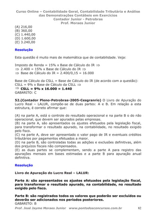 Curso Online – Contabilidade Geral, Contabilidade Tributária e Análise
das Demonstrações Contábeis em Exercícios
Contador Junior - Petrobras
Prof. Moraes Junior
Prof. José Jayme Moraes Junior www.pontodosconcursos.com.br 82
(A) 216,00
(B) 360,00
(C) 1.440,00
(D) 1.600,00
(E) 3.240,00
Resolução
Esta questão é muito mais de matemática que de contabilidade. Veja:
Imposto de Renda = 15% x Base de Cálculo do IR ⇒
⇒ 2.400 = 15% x Base de Cálculo do IR ⇒
⇒ Base de Cálculo do IR = 2.400/0,15 = 16.000
Base de Cálculo da CSLL = Base de Cálculo do IR (de acordo com a questão):
CSLL = 9% x Base de Cálculo da CSLL ⇒
⇒ CSLL = 9% x 16.000 = 1.440
GABARITO: C
52.(Contador Pleno-Petrobras-2005-Cesgranrio) O Livro de Apuração do
Lucro Real – LALUR, compõe-se de duas partes: A e B. Em relação a esta
estrutura, é correto afirmar que:
(A) na parte A, está o controle do resultado operacional e na parte B o do não
operacional, que devem ser apurados pelas empresas.
(B) na parte A, são apresentados os ajustes efetuados pela legislação fiscal,
para transformar o resultado apurado, na contabilidade, no resultado exigido
pelo fisco.
(C) na parte A, deve ser apresentado o valor pago de IR e eventuais créditos
tributários por pagamentos efetuados a maior.
(D) na parte B, são controladas todas as adições e exclusões definitivas, além
dos prejuízos fiscais não compensados.
(E) as duas partes se complementam, sendo a parte A para registro das
apurações mensais em bases estimadas e a parte B para apuração anual
definitiva.
Resolução
Livro de Apuração do Lucro Real – LALUR:
Parte A: são apresentados os ajustes efetuados pela legislação fiscal,
para transformar o resultado apurado, na contabilidade, no resultado
exigido pelo fisco.
Parte B: são registrados todos os valores que poderão ser excluídos ou
deverão ser adicionados nos períodos posteriores.
GABARITO: B
 