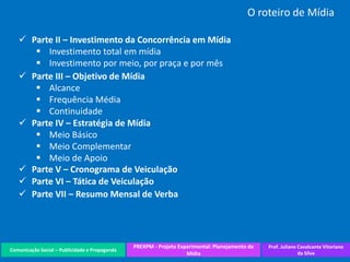 Comunicação Social – Publicidade e Propaganda
PREXPM - Projeto Experimental: Planejamento de
Mídia
Prof. Juliane Cavalcante Vitoriano
da Silva
O roteiro de Mídia
 Parte II – Investimento da Concorrência em Mídia
 Investimento total em mídia
 Investimento por meio, por praça e por mês
 Parte III – Objetivo de Mídia
 Alcance
 Frequência Média
 Continuidade
 Parte IV – Estratégia de Mídia
 Meio Básico
 Meio Complementar
 Meio de Apoio
 Parte VI – Tática de Veiculação
 Parte V – Cronograma de Veiculação
 Parte VII – Resumo Mensal de Verba
 