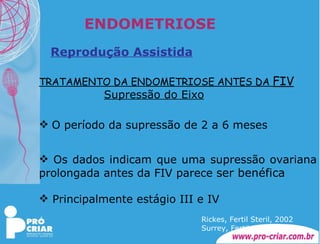 ENDOMETRIOSE Reprodução Assistida TRATAMENTO DA ENDOMETRIOSE ANTES DA  FIV Supressão do Eixo O período da supressão de 2 a 6 meses  Os dados indicam que uma supressão ovariana prolongada antes da FIV parece  ser benéfica Principalmente estágio III e IV     Rickes, Fertil Steril, 2002 Surrey, Fertil Steril, 2002 
