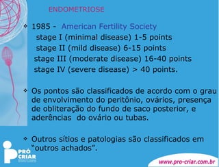 ENDOMETRIOSE 1985 -  American Fertility Society stage I (minimal disease) 1-5 points stage II (mild disease) 6-15 points   stage III (moderate disease) 16-40 points   stage IV (severe disease) > 40 points.  Os pontos são classificados de acordo com o grau de envolvimento do peritônio, ovários, presença de obliteração do fundo de saco posterior, e aderências  do ovário ou tubas. Outros sítios e patologias são classificados em “outros achados”.  