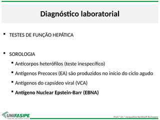 Prof.ª Dr.ª Jacqueline Kerkhoff Richoppo
Diagnóstico laboratorial
 TESTES DE FUNÇÃO HEPÁTICA
 SOROLOGIA
 Anticorpos heterófilos (teste inespecífico)
 Antígenos Precoces (EA) são produzidos no início do ciclo agudo
 Antígenos do capsídeo viral (VCA)
 Antígeno Nuclear Epstein-Barr (EBNA)
 