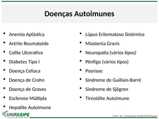 Prof.ª Dr.ª Jacqueline Kerkhoff Richoppo
Doenças Autoimunes
 Anemia Aplástica
 Artrite Reumatoide
 Colite Ulcerativa
 Diabetes Tipo I
 Doença Celíaca
 Doença de Crohn
 Doença de Graves
 Esclerose Múltipla
 Hepatite Autoimune
 Lúpus Eritematoso Sistémico
 Miastenia Gravis
 Neuropatia (vários tipos)
 Pênfigo (vários tipos)
 Psoríase
 Síndrome de Guillain-Barré
 Síndrome de Sjögren
 Tireoidite Autoimune
 