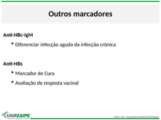 Prof.ª Dr.ª Jacqueline Kerkhoff Richoppo
Outros marcadores
Anti-HBc-IgM
 Diferenciar infecção aguda da infecção crônica
Anti-HBs
 Marcador de Cura
 Avaliação de resposta vacinal
 