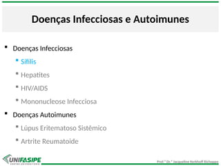 Prof.ª Dr.ª Jacqueline Kerkhoff Richoppo
Doenças Infecciosas e Autoimunes
 Doenças Infecciosas
 Sífilis
 Hepatites
 HIV/AIDS
 Mononucleose Infecciosa
 Doenças Autoimunes
 Lúpus Eritematoso Sistêmico
 Artrite Reumatoide
 