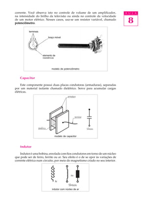 corrente. Você observa isto no controle de volume de um amplificador,             A U L A
na intensidade do brilho da televisão ou ainda no controle da velocidade
de um motor elétrico. Nesses casos, usa-se um resistor variável, chamado
potenciômetro.
potenciômetro                                                                      8




                            modelo de potenciômetro


    Capacitor

     Este componente possui duas placas condutoras (armaduras), separadas
por um material isolante chamado dielétrico. Serve para acumular cargas
elétricas.




                              modelo de capacitor



    Indutor

    Indutor é uma bobina, enrolada com fios condutores em torno de um núcleo
que pode ser de ferro, ferrite ou ar. Seu efeito é o de se opor às variações de
corrente elétrica num circuito, por meio do magnetismo criado no seu interior.




                            indutor com núcleo de ar
 