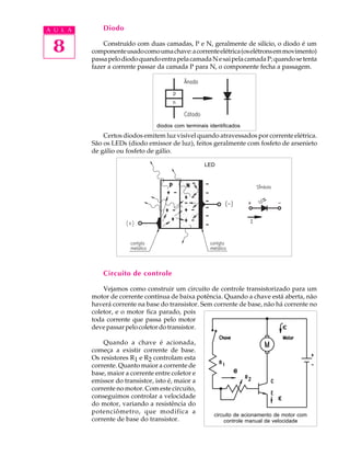 A U L A       Diodo


 8            Construído com duas camadas, P e N, geralmente de silício, o diodo é um
          componente usado como uma chave: a corrente elétrica (os elétrons em movimento)
          passa pelo diodo quando entra pela camada N e sai pela camada P; quando se tenta
          fazer a corrente passar da camada P para N, o componente fecha a passagem.




                                 diodos com terminais identificados
              Certos diodos emitem luz visível quando atravessados por corrente elétrica.
          São os LEDs (diodo emissor de luz), feitos geralmente com fosfeto de arsenieto
          de gálio ou fosfeto de gálio.

                                                    LED




              Circuito de controle

              Vejamos como construir um circuito de controle transistorizado para um
          motor de corrente contínua de baixa potência. Quando a chave está aberta, não
          haverá corrente na base do transistor. Sem corrente de base, não há corrente no
          coletor, e o motor fica parado, pois
          toda corrente que passa pelo motor
          deve passar pelo coletor do transistor.

              Quando a chave é acionada,
          começa a existir corrente de base.
          Os resistores R1 e R2 controlam esta
          corrente. Quanto maior a corrente de
          base, maior a corrente entre coletor e
          emissor do transistor, isto é, maior a
          corrente no motor. Com este circuito,
          conseguimos controlar a velocidade
          do motor, variando a resistência do
          potenciômetro, que modifica a                 circuito de acionamento de motor com
          corrente de base do transistor.                   controle manual de velocidade
 