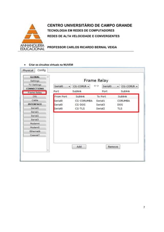 CENTRO UNIVERSITÁRIO DE CAMPO GRANDE
TECNOLOGIA EM REDES DE COMPUTADORES
REDES DE ALTA VELOCIDADE E CONVERGENTES
PROFESSOR CARLOS RICARDO BERNAL VEIGA
7
• Criar os circuitos virtuais na NUVEM
 