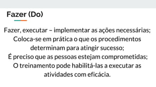 Fazer (Do)
Fazer, executar – implementar as ações necessárias;
Coloca-se em prática o que os procedimentos
determinam para atingir sucesso;
É preciso que as pessoas estejam comprometidas;
O treinamento pode habilitá-las a executar as
atividades com eficácia.
 