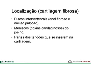 Localização (cartilagem fibrosa)
• Discos intervertebrais (anel fibroso e
núcleo pulposo),
• Meniscos (coxins cartilaginosos) do
joelho,
• Partes dos tendões que se inserem na
cartilagem.
 