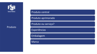 Produto
Produto central
Produto aprimorado
Produto ou serviço?
Experiências
Embalagem
Marca
 