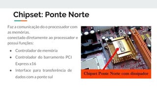 Chipset: Ponte Norte
Faz a comunicação do o processador com
as memórias.
conectado diretamente ao processador e
possui funções:
● Controlador de memória
● Controlador do barramento PCI
Express x16
● Interface para transferência de
dados com a ponte sul
 