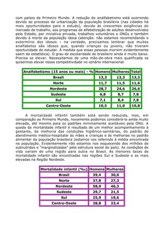 com países de Primeiro Mundo. A redução do analfabetismo está ocorrendo
devido ao processo de urbanização da população brasileira (nas cidades há
mais oportunidades para o estudo), devido às crescentes exigências do
mercado de trabalho, aos programas de alfabetização de adultos desenvolvidos
pelo Estado, por iniciativa privada, trabalhos voluntários e ONGs e também
devido à morte da população idosa (atenção: não estamos recomendando o
extermínio dos idosos – na verdade, precisamos lembrar que muitos
analfabetos são idosos que, quando crianças ou jovens, não tiveram
oportunidade de estudar. À medida que essas pessoas morrem evidentemente
saem da estatística). O grau de escolaridade do brasileiro ainda é muito baixo.
Precisa se elevar. Necessitamos de uma mão-de-obra mais qualificada se
quisermos elevar nossa competitividade no cenário internacional.

    Analfabetismo (15 anos ou mais) - % Homens Mulheres Total
                      Brasil                     13,3       13,3     13,3
                      Norte                      11,7       11,5     11,6
                    Nordeste                     28,7       24,6     26,6
                     Sudeste                      6,8       8,7      7,8
                       Sul                        7,1       8,4      7,8
                  Centro-Oeste                   10,5       11,0     10,8

     A mortalidade infantil também está sendo reduzida, mas, em
comparação ao Primeiro Mundo, novamente podemos considerá-la ainda muito
elevada, até mesmo para os padrões minimamente aceitáveis pela ONU. A
queda da mortalidade infantil é resultado de um melhor acompanhamento à
gestante, da melhoria das condições higiênico-sanitárias, do padrão de
atendimento médico-hospitalar às mães e crianças e às melhorias no padrão
alimentar da população brasileira (estamos nos referindo à média encontrada
na população. Evidentemente não estamos nos esquecendo dos milhões de
subnutridos e “marginalizados” pela estrutura social do país). As condições de
vida variam de uma região para outra no Brasil. As menores taxas de
mortalidade infantil são encontradas nas regiões Sul e Sudeste e as mais
elevadas na Região Nordeste.

              Mortalidade infantil (%0) Homens Mulheres
                         Brasil              39,4       30,0
                         Norte               37,8       27,3
                       Nordeste              58,9       46,3
                        Sudeste              29,7       21,5
                           Sul               25,9       19,6
                     Centro-Oeste            28,8       23,4
 