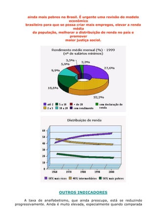 ainda mais pobres no Brasil. É urgente uma revisão do modelo
                              econômico
     brasileiro para que se possa criar mais empregos, elevar a renda
                                média
         da população, melhorar a distribuição de renda no país e
                              promover
                            maior justiça social.




                        OUTROS INDICADORES

     A taxa de analfabetismo, que ainda preocupa, está se reduzindo
progressivamente. Ainda é muito elevada, especialmente quando comparada
 
