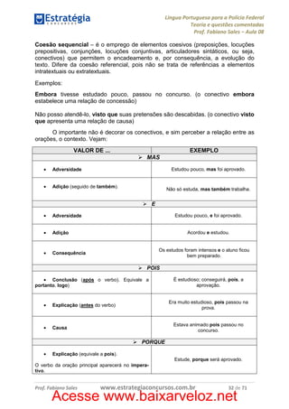 Língua Portuguesa para a Polícia Federal
Teoria e questões comentadas
Prof. Fabiano Sales – Aula 08
Coesão sequencial – é o emprego de elementos coesivos (preposições, locuções
prepositivas, conjunções, locuções conjuntivas, articuladores sintáticos, ou seja,
conectivos) que permitem o encadeamento e, por consequência, a evolução do
texto. Difere da coesão referencial, pois não se trata de referências a elementos
intratextuais ou extratextuais.
Exemplos:
Embora tivesse estudado pouco, passou no concurso. (o conectivo embora
estabelece uma relação de concessão)
Não posso atendê-lo, visto que suas pretensões são descabidas. (o conectivo visto
que apresenta uma relação de causa)
O importante não é decorar os conectivos, e sim perceber a relação entre as
orações, o contexto. Vejam:
VALOR DE ...

EXEMPLO
MAS

•

Adversidade

•

Adição (seguido de também).

Estudou pouco, mas foi aprovado.

Não só estuda, mas também trabalha.

E
•

Adversidade

•

Adição

•

Consequência

Estudou pouco, e foi aprovado.

Acordou e estudou.

Os estudos foram intensos e o aluno ficou
bem preparado.

POIS
• Conclusão (após o verbo). Equivale a
portanto, logo)

•

Era muito estudioso, pois passou na
prova.

Explicação (antes do verbo)

•

É estudioso; conseguirá, pois, a
aprovação.

Causa

Estava animado pois passou no
concurso.

PORQUE
•

Explicação (equivale a pois).
Estude, porque será aprovado.

O verbo da oração principal aparecerá no imperativo.

Prof. Fabiano Sales

www.estrategiaconcursos.com.br

32 de 71

Acesse www.baixarveloz.net

 