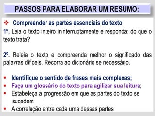  Compreender as partes essenciais do texto
1º. Leia o texto inteiro ininterruptamente e responda: do que o
texto trata?
2º. Releia o texto e compreenda melhor o significado das
palavras difíceis. Recorra ao dicionário se necessário.
 Identifique o sentido de frases mais complexas;
 Faça um glossário do texto para agilizar sua leitura;
 Estabeleça a progressão em que as partes do texto se
sucedem
 A correlação entre cada uma dessas partes
PASSOS PARA ELABORAR UM RESUMO:
 