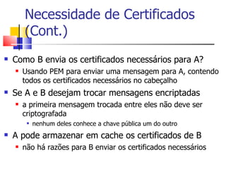 Necessidade de Certificados
        (Cont.)
    Como B envia os certificados necessários para A?


        Usando PEM par...