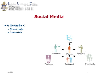 Social Media
• A Geração C
– Conectada
– Conteúdo

18/10/13

7

 