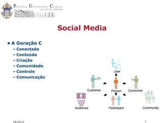 Social Media
• A Geração C
– Conectada
– Conteúdo
– Criação
– Comunidade
– Controle
– Comunicação

18/10/13

7

 