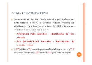 ATM - IDENTIFICADORES
Em uma rede de circuitos virtuais, para direcionar dados de um
ponto terminal a outro, as conexões virtuais precisam ser
identificadas. Para isso, os projetistas do ATM criaram um
identificador hierárquico com 2 níveis:
VPI(Virtual Path Identifier – identificador de rota
virtual)
VCI (Virtual-Circuit Identifier – identificador de
circuito virtual)
O VPI define o VP específico que a célula irá percorrer e o VCI
estabelece determinado VC dentro da VP que o dado irá seguir.
12
 